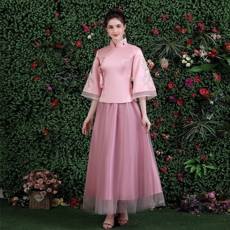 Haljina za djeverušu - Jesenska elegancija 2025, srednja duljina, bez rukava, kineski stil, književno retro