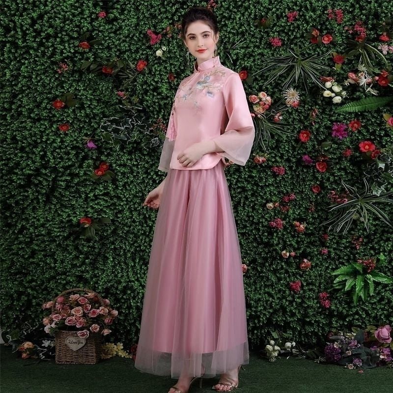 Haljina za djeverušu - Jesenska elegancija 2025, srednja duljina, bez rukava, kineski stil, književno retro