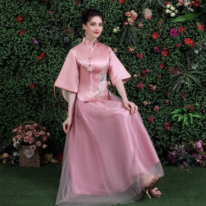 Haljina za djeverušu - Jesenska elegancija 2025, srednja duljina, bez rukava, kineski stil, književno retro