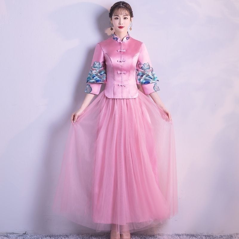 Haljina za djeverušu - Jesenska elegancija 2025, srednja duljina, bez rukava, kineski stil, književno retro