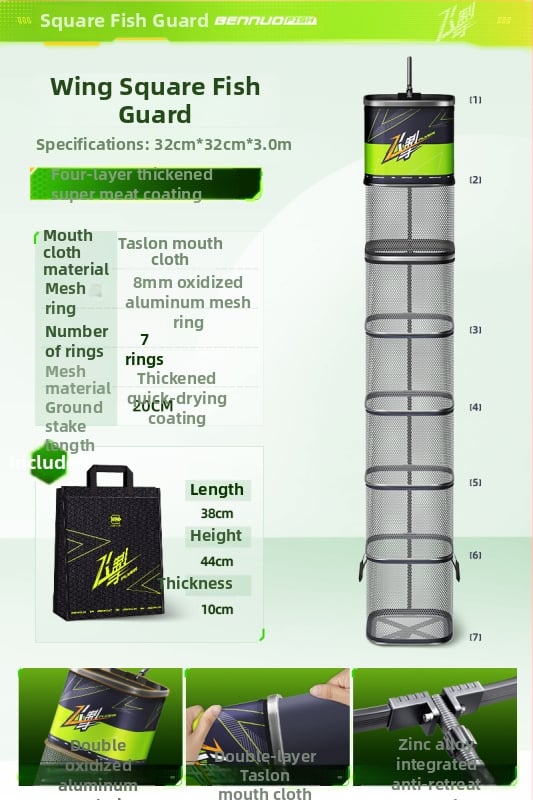 Mini kvadratna mrežasta torba za zaštitu riba, za divlji ribolov, prijenosna, brzo sušeća, aluminijska legura