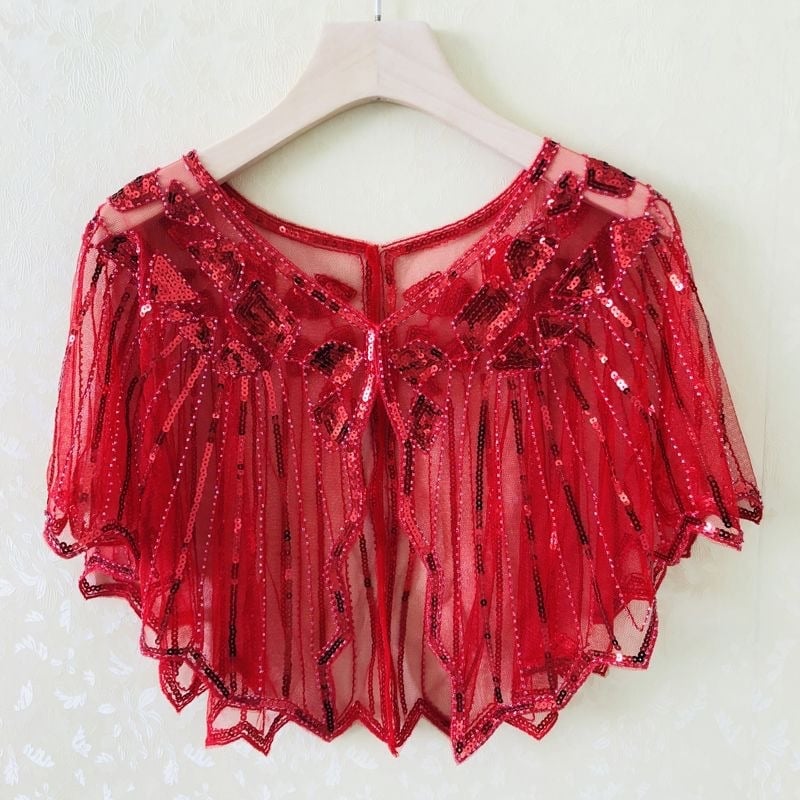 Sievietēm sequin pelerine ar tīklu audumu, poliesters, kapes tips, bez piedurknēm, V kakls, izšuvums