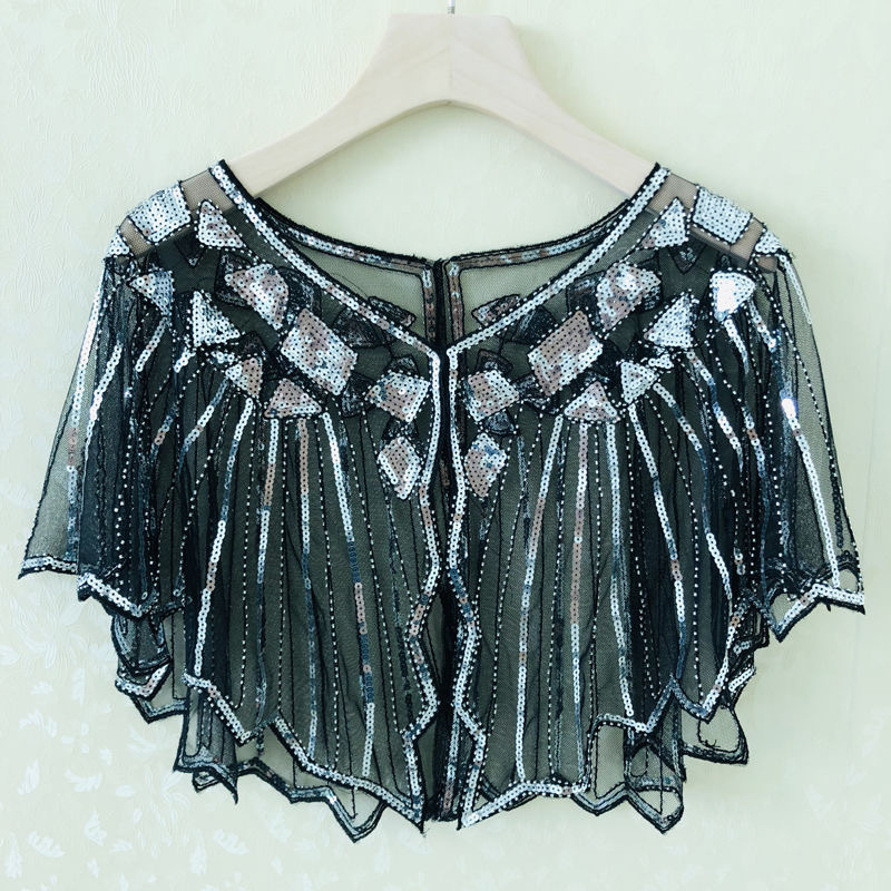 Sievietēm sequin pelerine ar tīklu audumu, poliesters, kapes tips, bez piedurknēm, V kakls, izšuvums