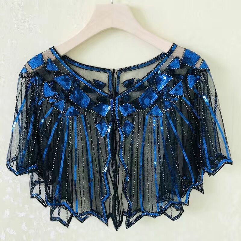 Sievietēm sequin pelerine ar tīklu audumu, poliesters, kapes tips, bez piedurknēm, V kakls, izšuvums