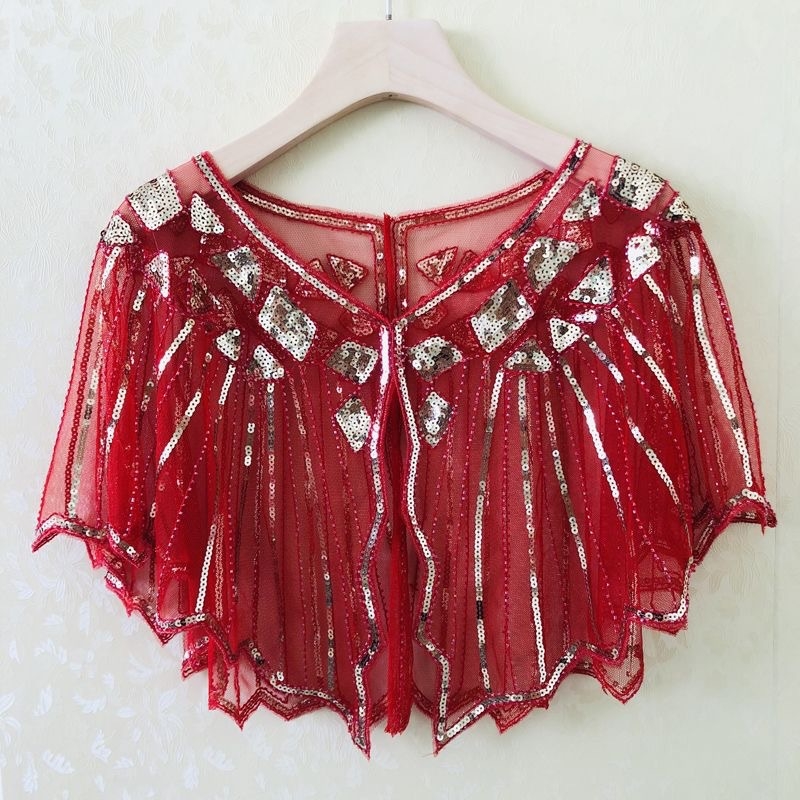 Sievietēm sequin pelerine ar tīklu audumu, poliesters, kapes tips, bez piedurknēm, V kakls, izšuvums