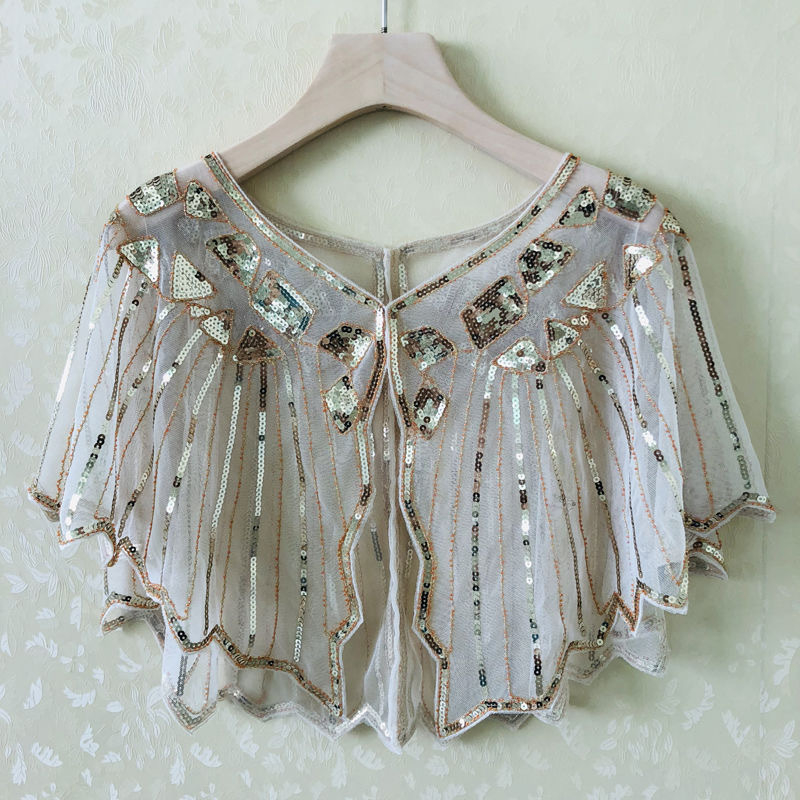 Sievietēm sequin pelerine ar tīklu audumu, poliesters, kapes tips, bez piedurknēm, V kakls, izšuvums