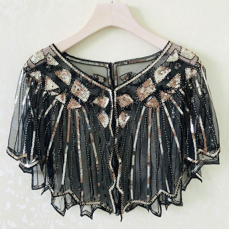 Sievietēm sequin pelerine ar tīklu audumu, poliesters, kapes tips, bez piedurknēm, V kakls, izšuvums