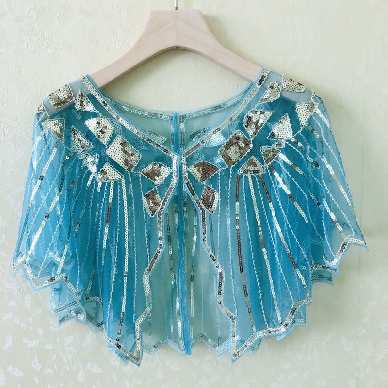 Sievietēm sequin pelerine ar tīklu audumu, poliesters, kapes tips, bez piedurknēm, V kakls, izšuvums