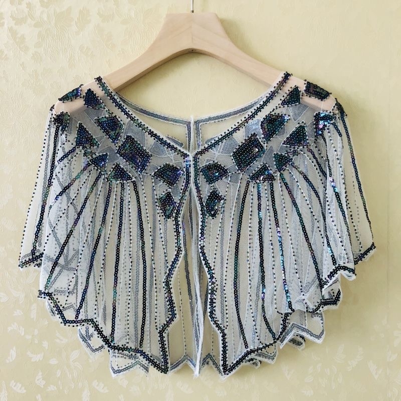 Sievietēm sequin pelerine ar tīklu audumu, poliesters, kapes tips, bez piedurknēm, V kakls, izšuvums