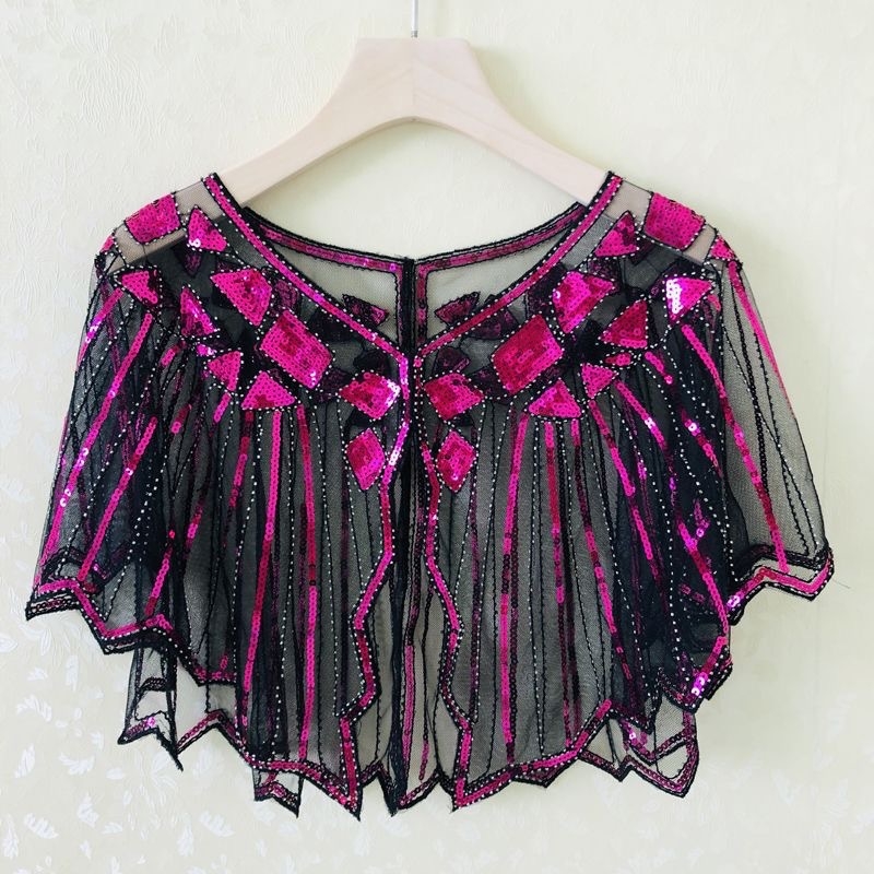 Sievietēm sequin pelerine ar tīklu audumu, poliesters, kapes tips, bez piedurknēm, V kakls, izšuvums