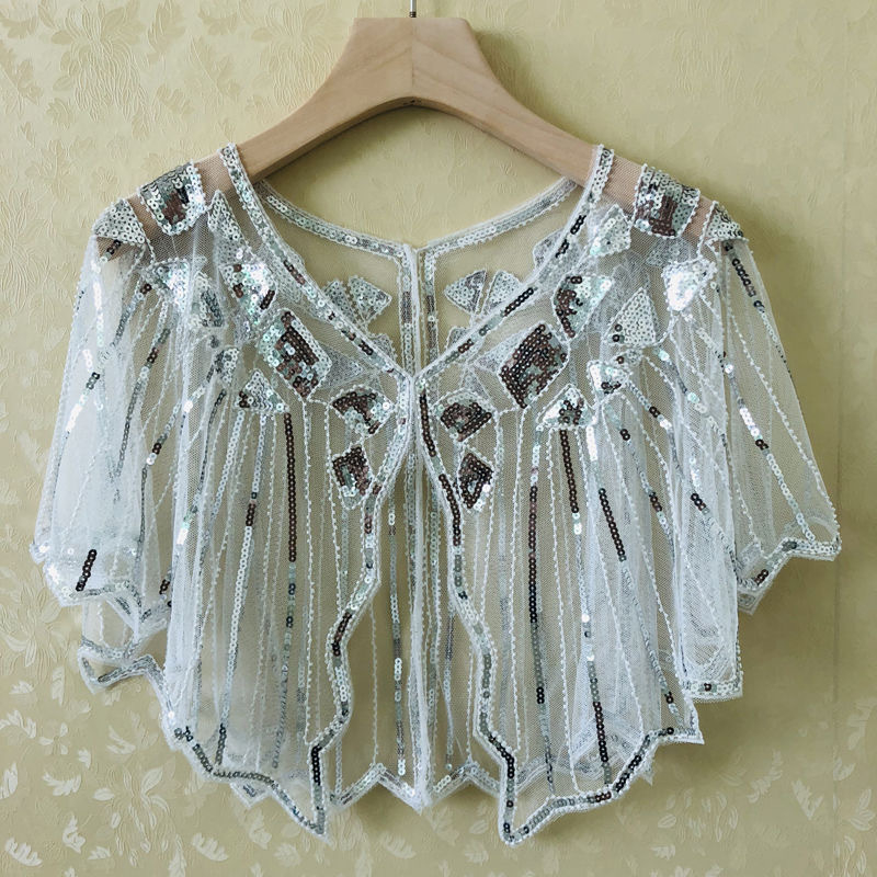 Sievietēm sequin pelerine ar tīklu audumu, poliesters, kapes tips, bez piedurknēm, V kakls, izšuvums