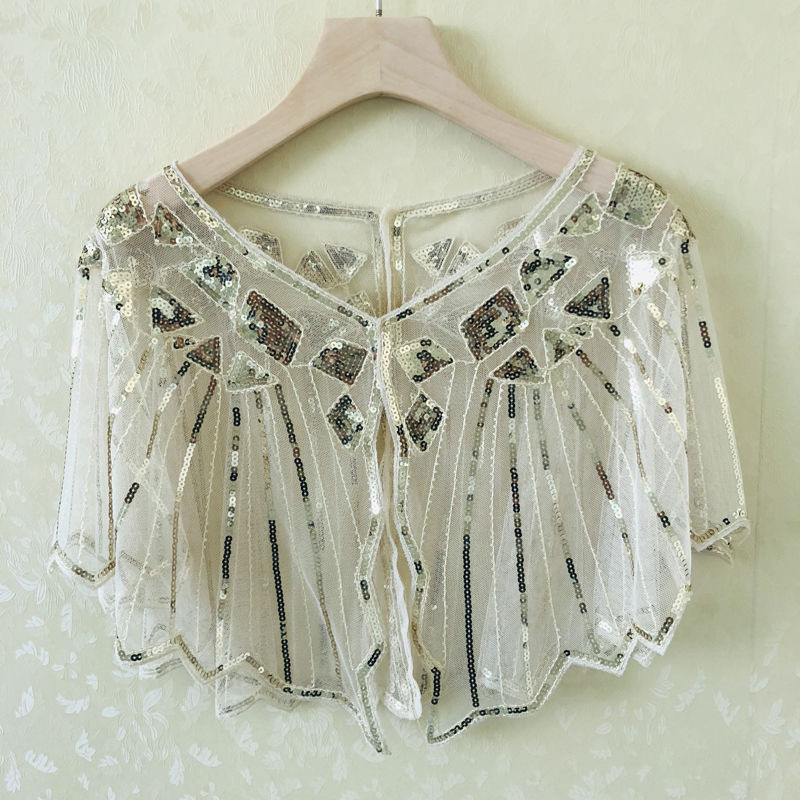 Sievietēm sequin pelerine ar tīklu audumu, poliesters, kapes tips, bez piedurknēm, V kakls, izšuvums