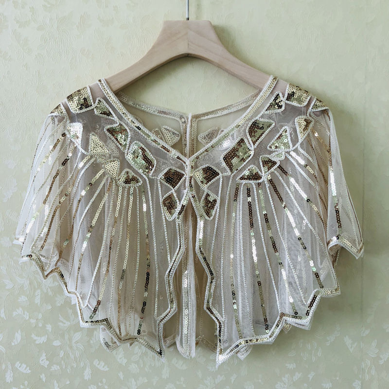 Sievietēm sequin pelerine ar tīklu audumu, poliesters, kapes tips, bez piedurknēm, V kakls, izšuvums