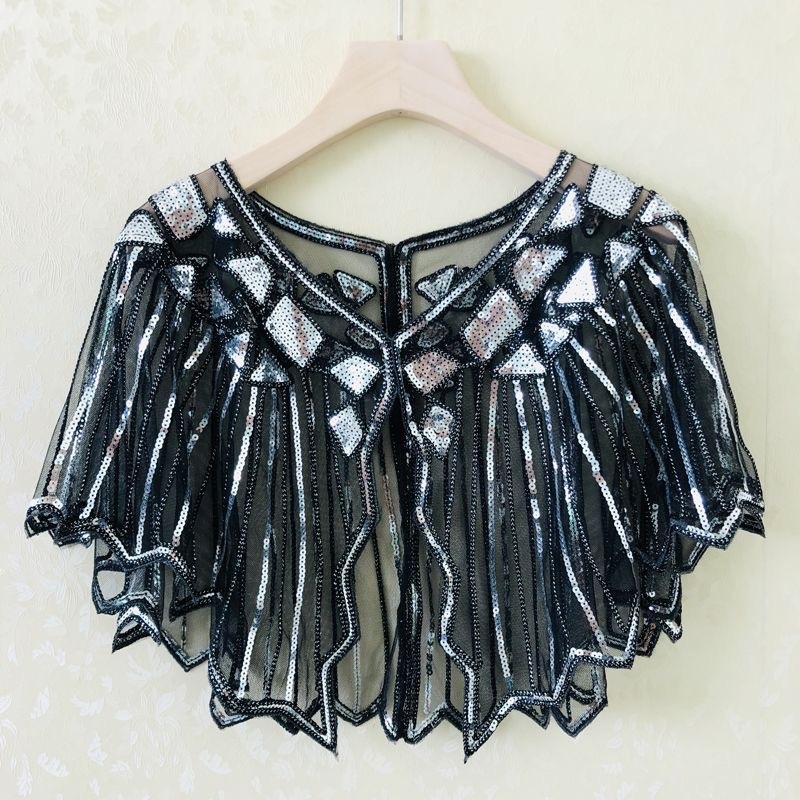 Sievietēm sequin pelerine ar tīklu audumu, poliesters, kapes tips, bez piedurknēm, V kakls, izšuvums