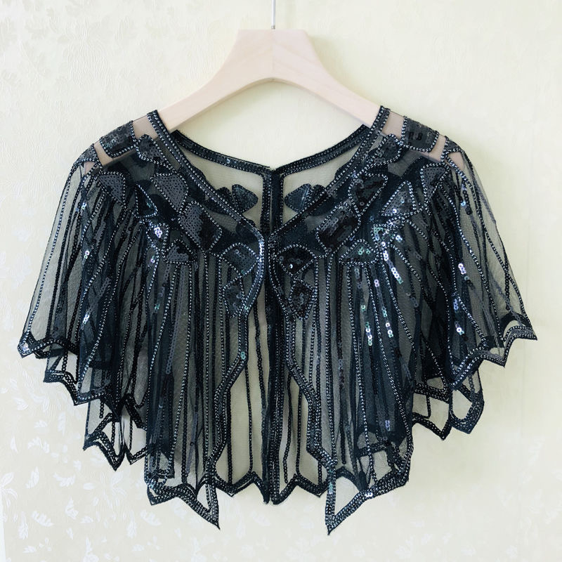 Sievietēm sequin pelerine ar tīklu audumu, poliesters, kapes tips, bez piedurknēm, V kakls, izšuvums