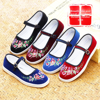 Rankų darbo audinio bateliai su etninėmis siuvinėjimo gėlėmis; apvali nosis; žemas kulnas 1–3 cm