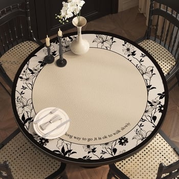 Кожена кръгла покривка за маса, неокласически стил, водоустойчива и маслоустойчива, шарки: ивици, карета и геометрични фигури