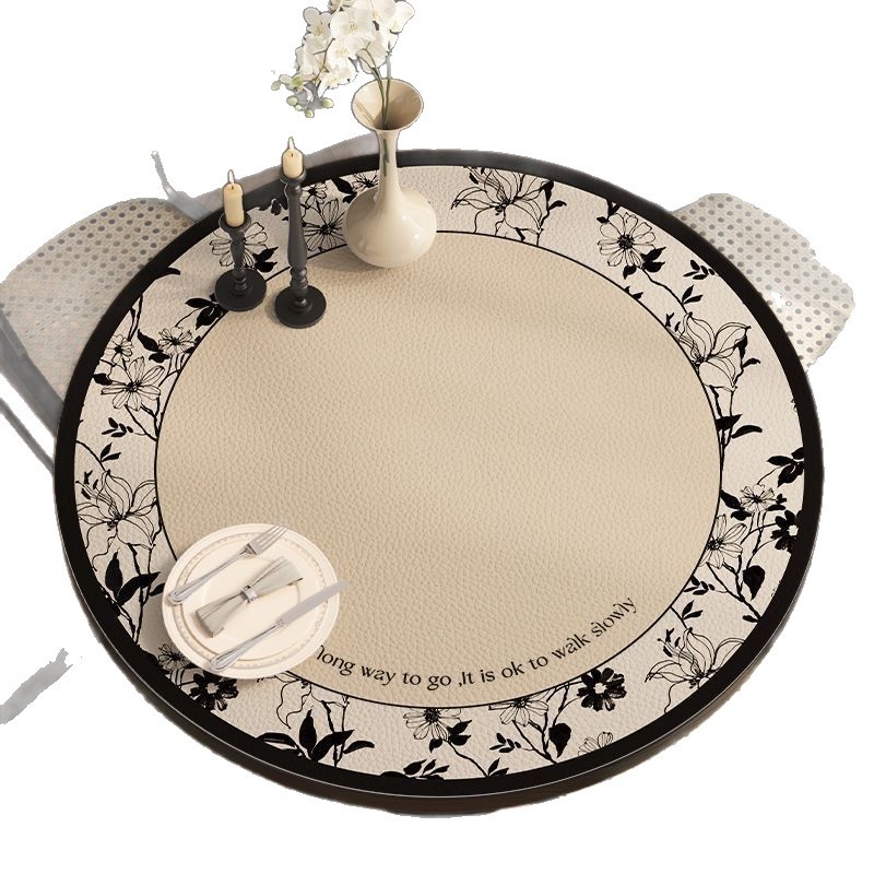 Кожена кръгла покривка за маса, неокласически стил, водоустойчива и маслоустойчива, шарки: ивици, карета и геометрични фигури