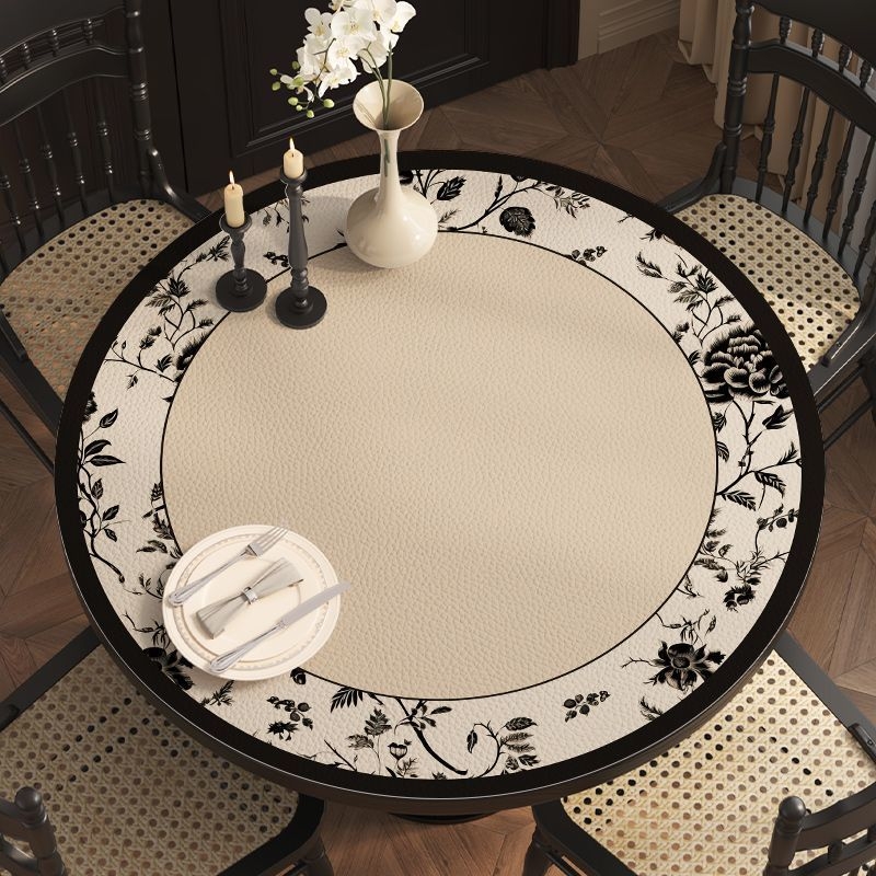 Кожена кръгла покривка за маса, неокласически стил, водоустойчива и маслоустойчива, шарки: ивици, карета и геометрични фигури