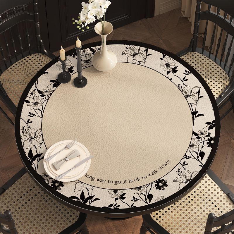 Кожена кръгла покривка за маса, неокласически стил, водоустойчива и маслоустойчива, шарки: ивици, карета и геометрични фигури