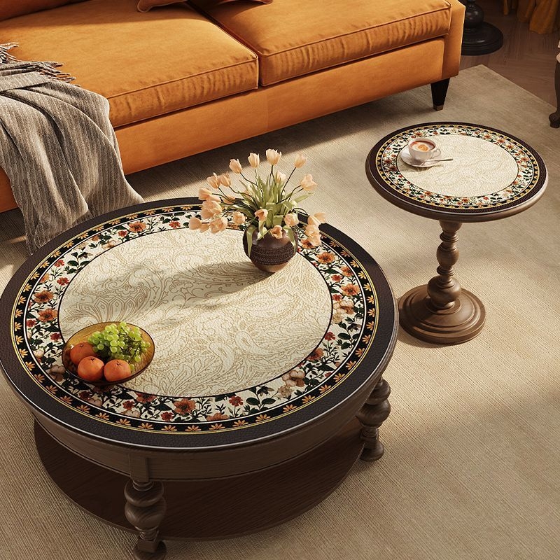 Кожена кръгла покривка за маса, неокласически стил, водоустойчива и маслоустойчива, шарки: ивици, карета и геометрични фигури