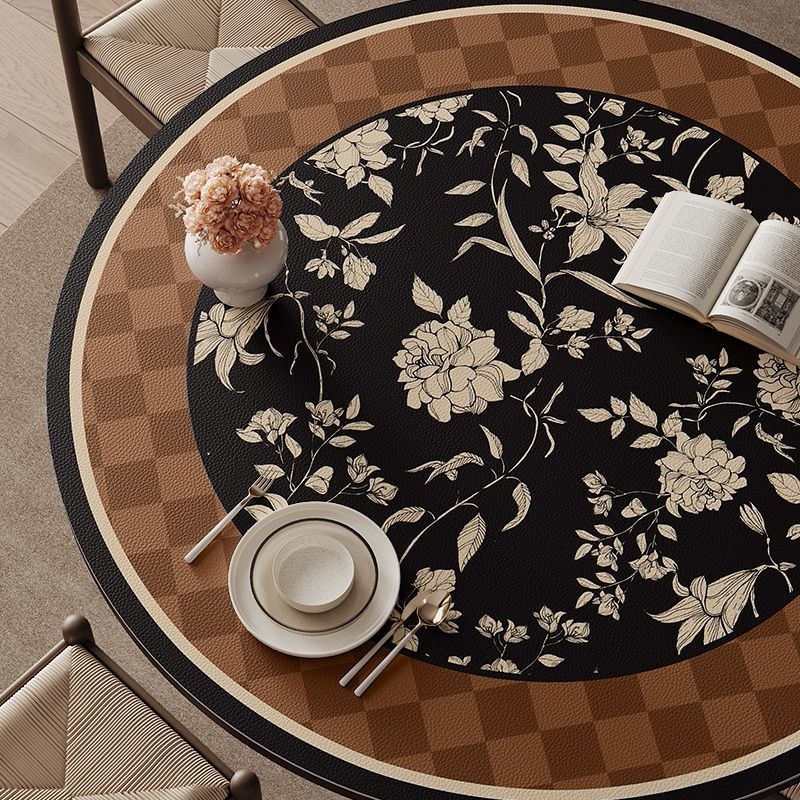 Кожена кръгла покривка за маса, неокласически стил, водоустойчива и маслоустойчива, шарки: ивици, карета и геометрични фигури