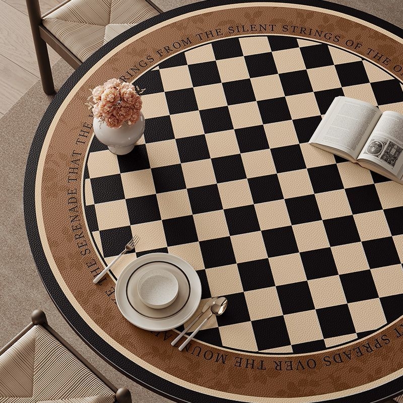 Кожена кръгла покривка за маса, неокласически стил, водоустойчива и маслоустойчива, шарки: ивици, карета и геометрични фигури