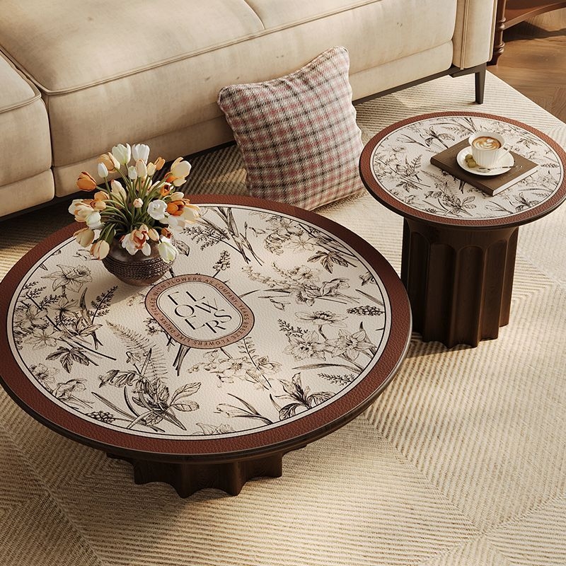 Кожена кръгла покривка за маса, неокласически стил, водоустойчива и маслоустойчива, шарки: ивици, карета и геометрични фигури