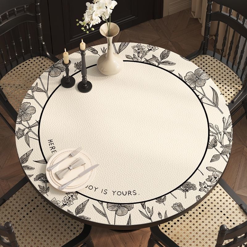 Кожена кръгла покривка за маса, неокласически стил, водоустойчива и маслоустойчива, шарки: ивици, карета и геометрични фигури