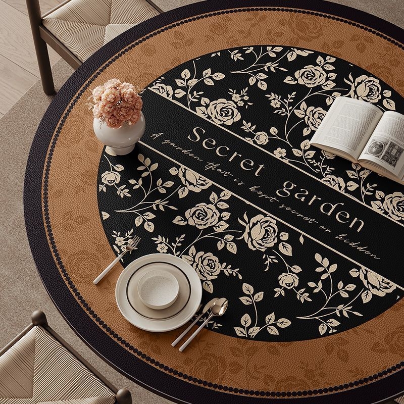 Кожена кръгла покривка за маса, неокласически стил, водоустойчива и маслоустойчива, шарки: ивици, карета и геометрични фигури