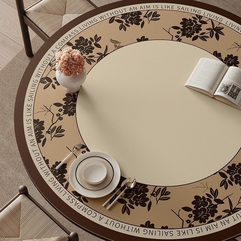 Кожена кръгла покривка за маса, неокласически стил, водоустойчива и маслоустойчива, шарки: ивици, карета и геометрични фигури