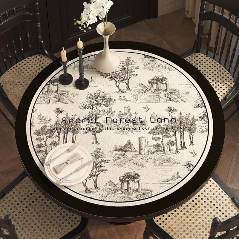 Кожена кръгла покривка за маса, неокласически стил, водоустойчива и маслоустойчива, шарки: ивици, карета и геометрични фигури