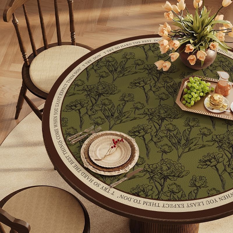 Кожена кръгла покривка за маса, неокласически стил, водоустойчива и маслоустойчива, шарки: ивици, карета и геометрични фигури