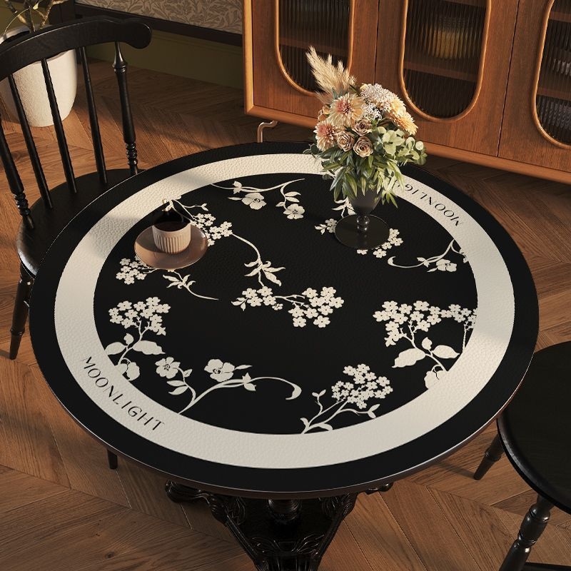 Кожена кръгла покривка за маса, неокласически стил, водоустойчива и маслоустойчива, шарки: ивици, карета и геометрични фигури