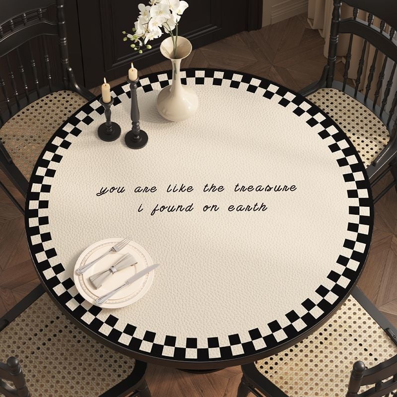 Кожена кръгла покривка за маса, неокласически стил, водоустойчива и маслоустойчива, шарки: ивици, карета и геометрични фигури