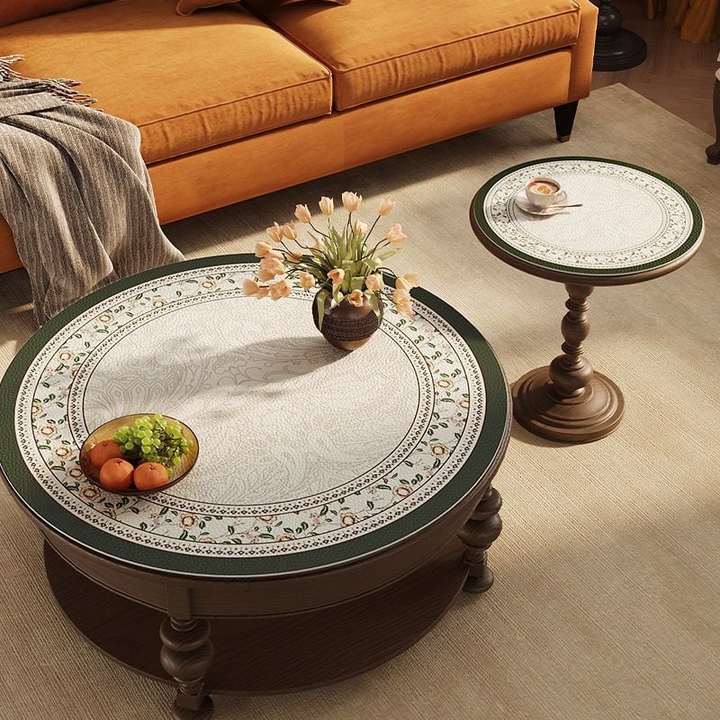 Кожена кръгла покривка за маса, неокласически стил, водоустойчива и маслоустойчива, шарки: ивици, карета и геометрични фигури