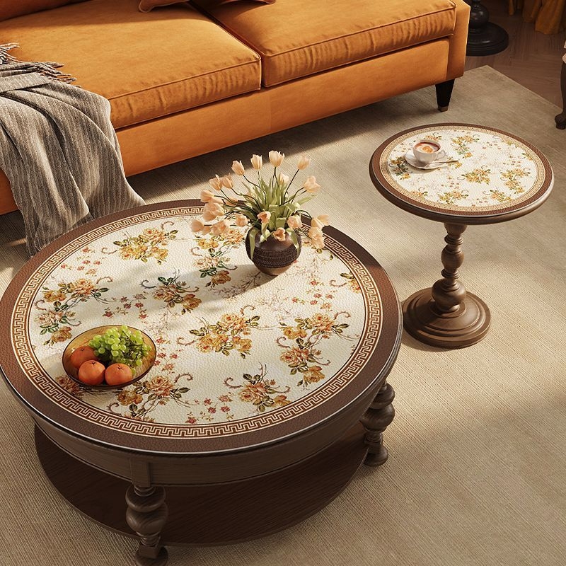 Кожена кръгла покривка за маса, неокласически стил, водоустойчива и маслоустойчива, шарки: ивици, карета и геометрични фигури