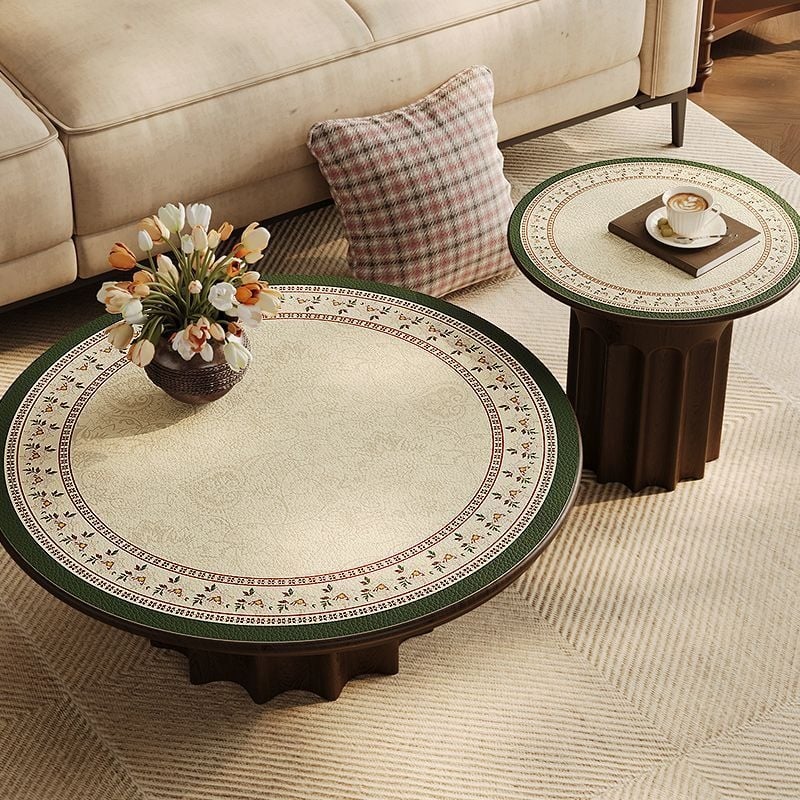 Кожена кръгла покривка за маса, неокласически стил, водоустойчива и маслоустойчива, шарки: ивици, карета и геометрични фигури