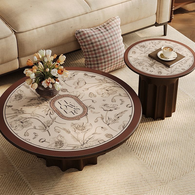 Кожена кръгла покривка за маса, неокласически стил, водоустойчива и маслоустойчива, шарки: ивици, карета и геометрични фигури