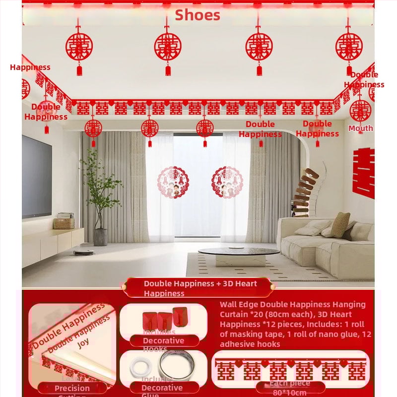 Vestuvinis kambario dekoracijų rinkinys su Xi simbolio girlianda ir lubų užuolaidomis (nepluoštas audinys, juosta)