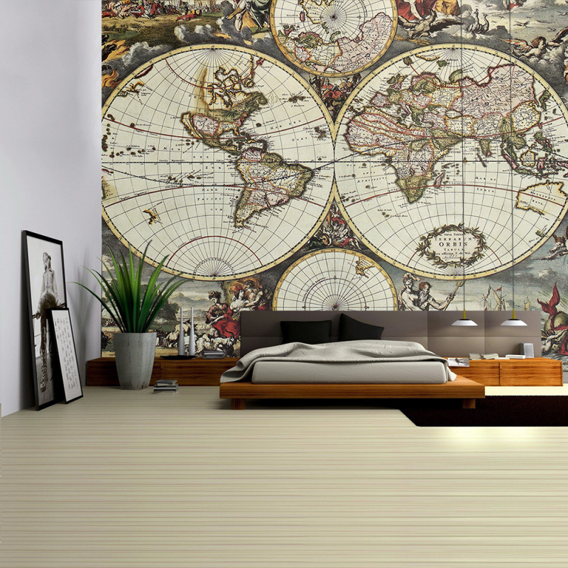 Zidni goblen s kartom svijeta i akvarelnim slovima, poliester tkanina, kvadratični oblik, moderan dekor