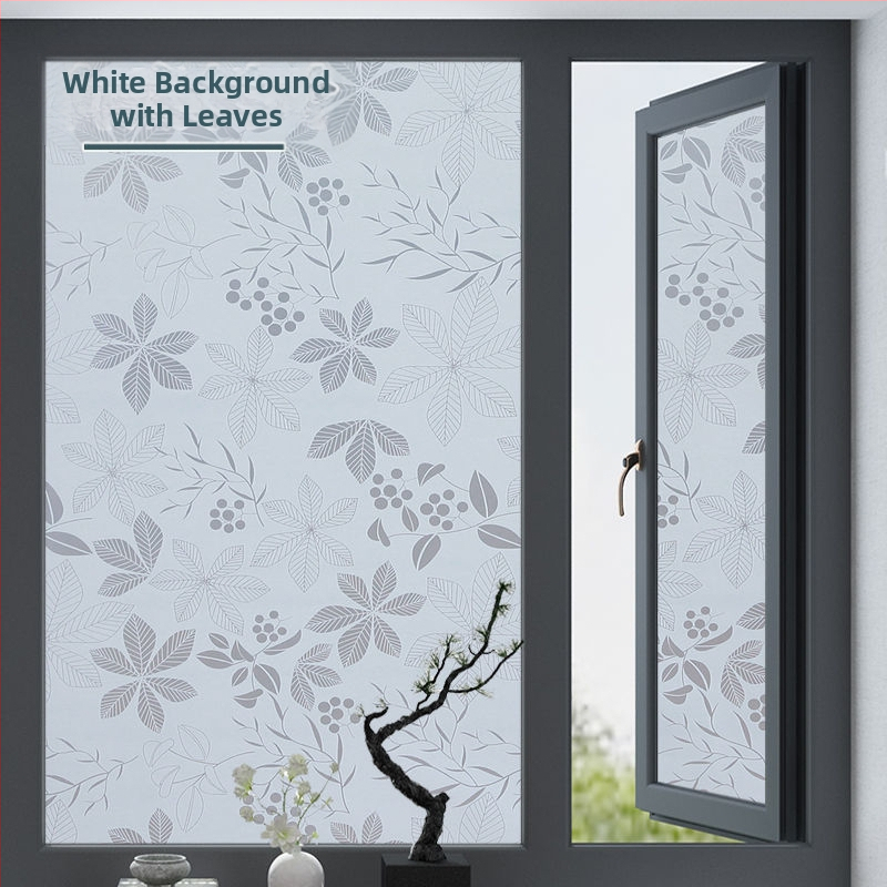 PVC lango filmas privatumo užtikrinimui su augalų motyvu, matinė apdaila, tinkama voniai ir stiklinėms durims – paprastas ir modernus stilius