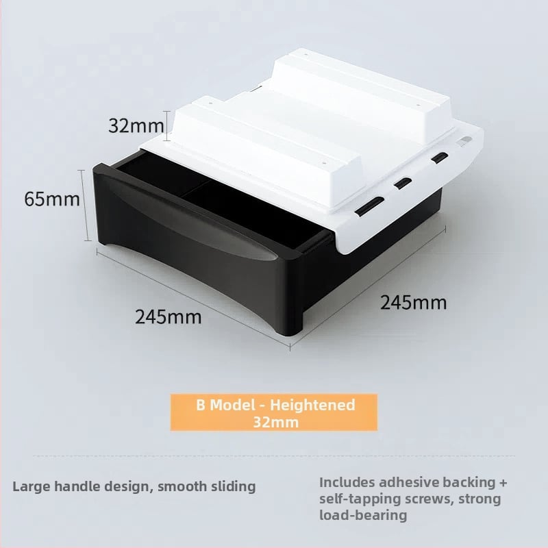 Po stalčiumi ištraukiama laikymo dėžutė su lipniu tvirtinimu, be gręžimo, 45 L talpa, PP plastikas, modelis 090