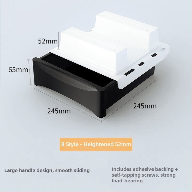 Po stalčiumi ištraukiama laikymo dėžutė su lipniu tvirtinimu, be gręžimo, 45 L talpa, PP plastikas, modelis 090