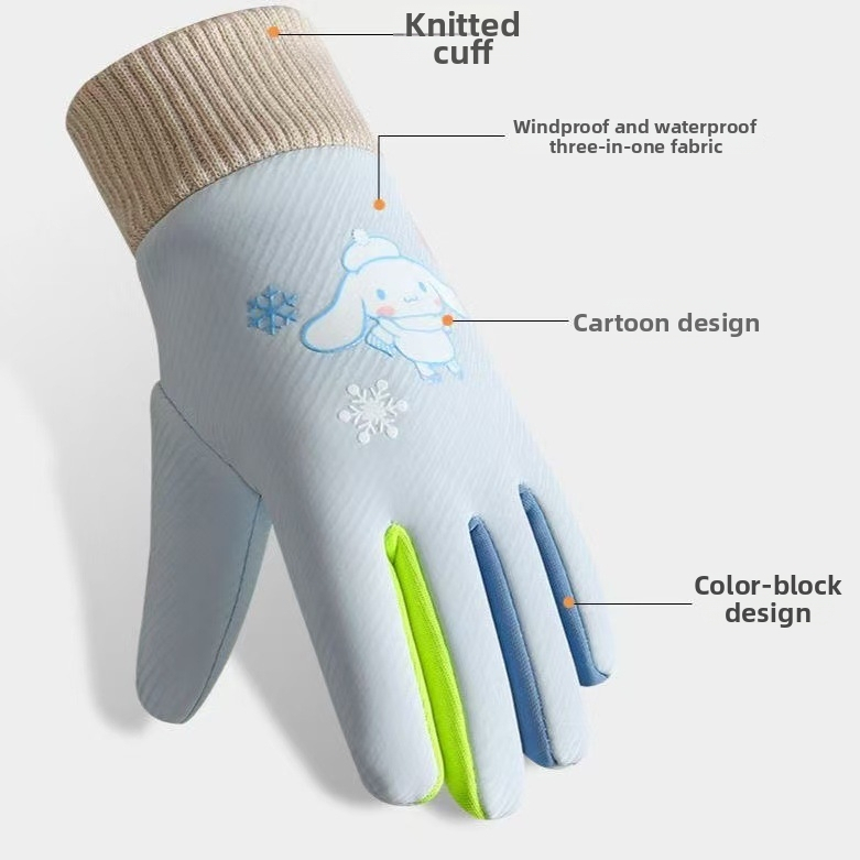 Detské teplé rukavice na outdoorové športy a cyklistiku – polyesterová vlákna, udržujú teplo, karikatúrny vzor, pre vek 6–10 rokov, zima a jeseň