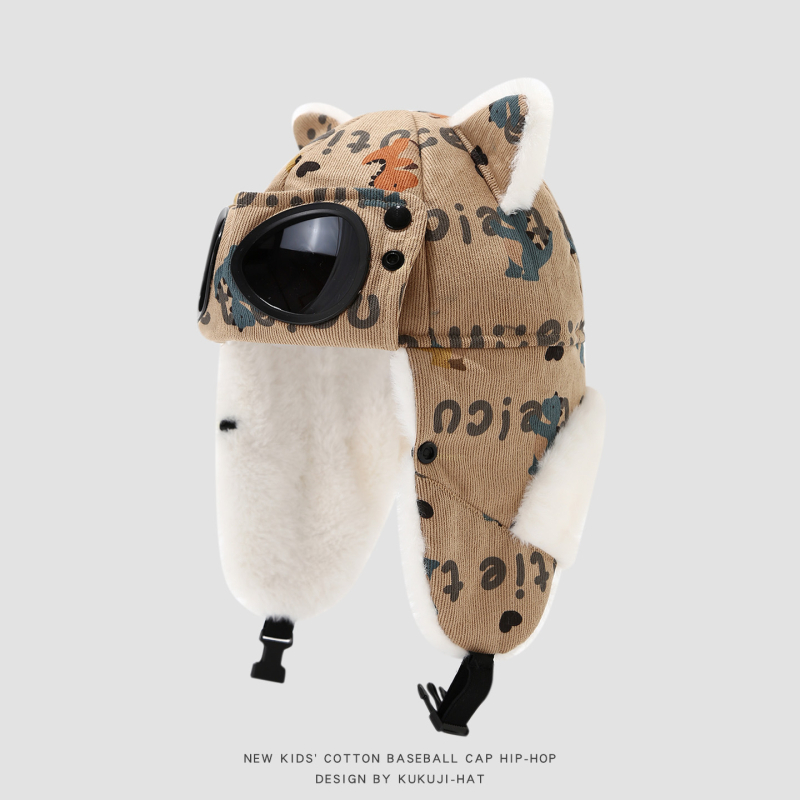 Žieminė Lei Feng kepurė vaikams su lakūnų akiniais, vėjo atspari ir šilta, amžius 4–6 metai