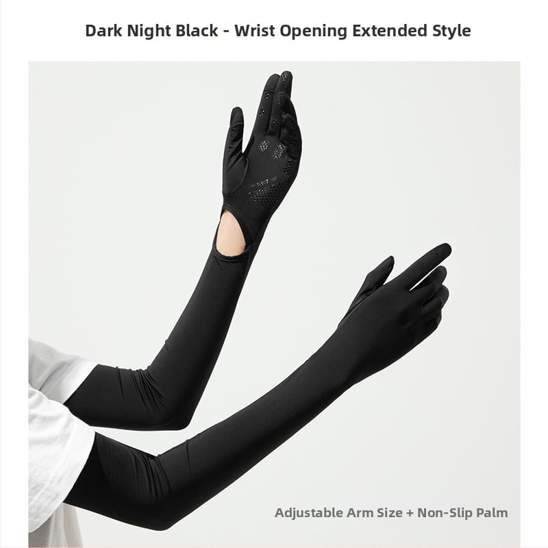 Дълги UV ръкавици от ледено копринено плат — нейлон/ice silk смес с 11–20% спандекс, UV защита, лято 2024