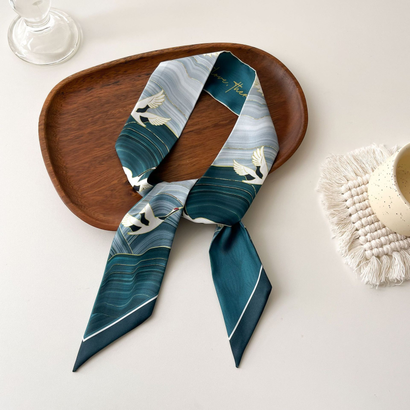 Șal pentru păr în stil franțuzesc din mătase sintetică, panglică lungă – țesătură simplă, imprimare, Primăvara 2024