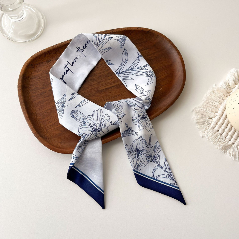 Șal pentru păr în stil franțuzesc din mătase sintetică, panglică lungă – țesătură simplă, imprimare, Primăvara 2024
