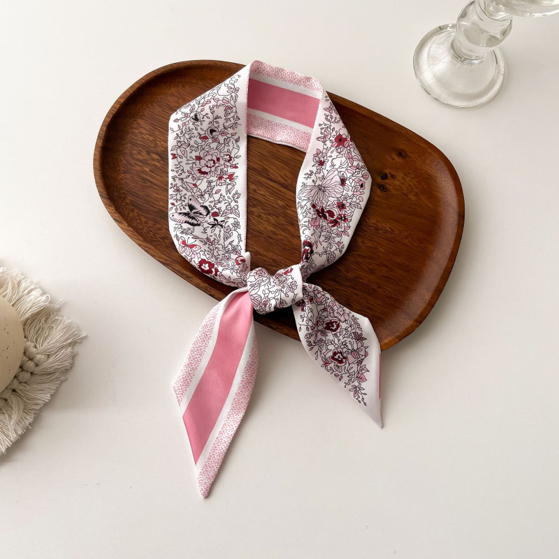 Șal pentru păr în stil franțuzesc din mătase sintetică, panglică lungă – țesătură simplă, imprimare, Primăvara 2024